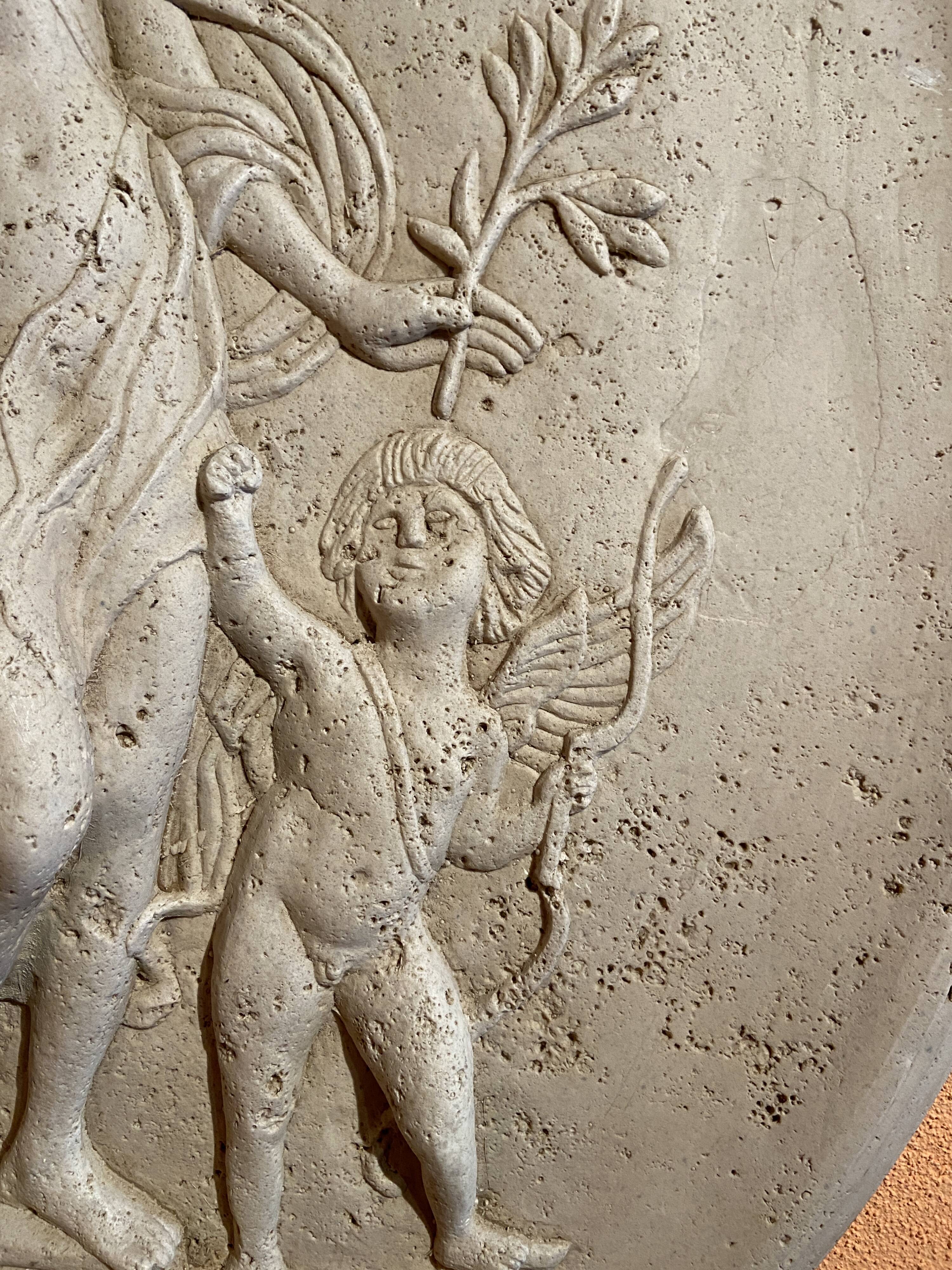 Imposing Oval bas-relief style Antique Italian travertine