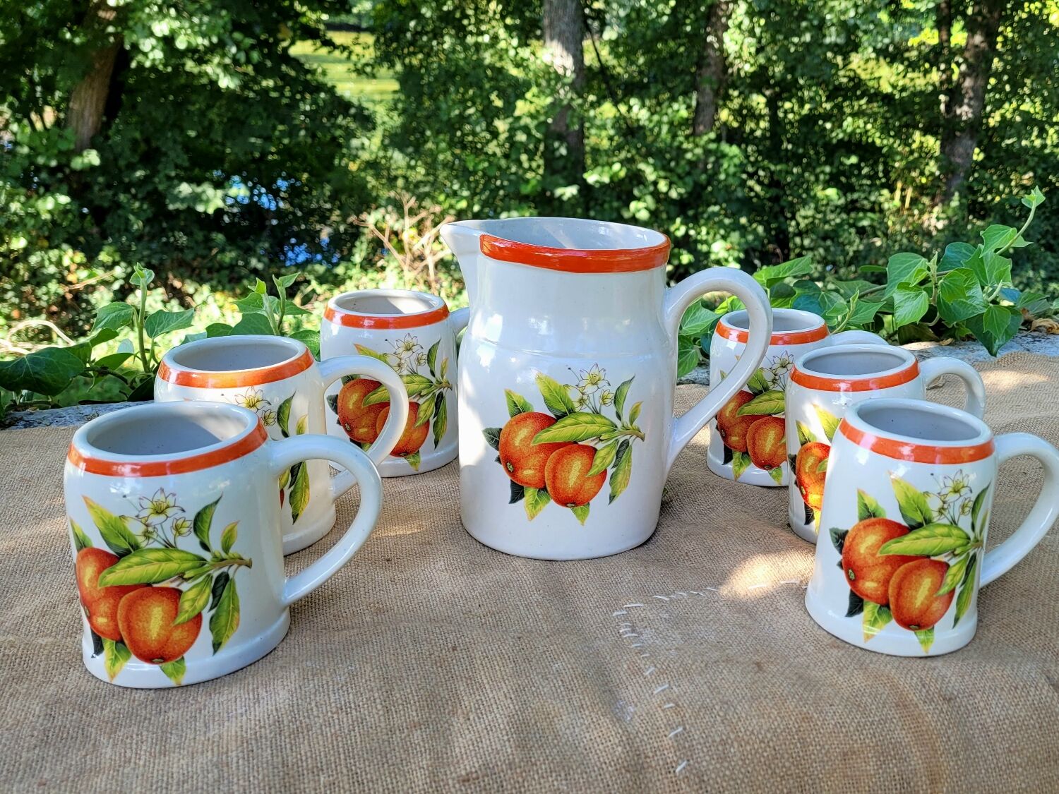 Chic vintage stoneware service campaign Digoin pitcher cup mug handmade