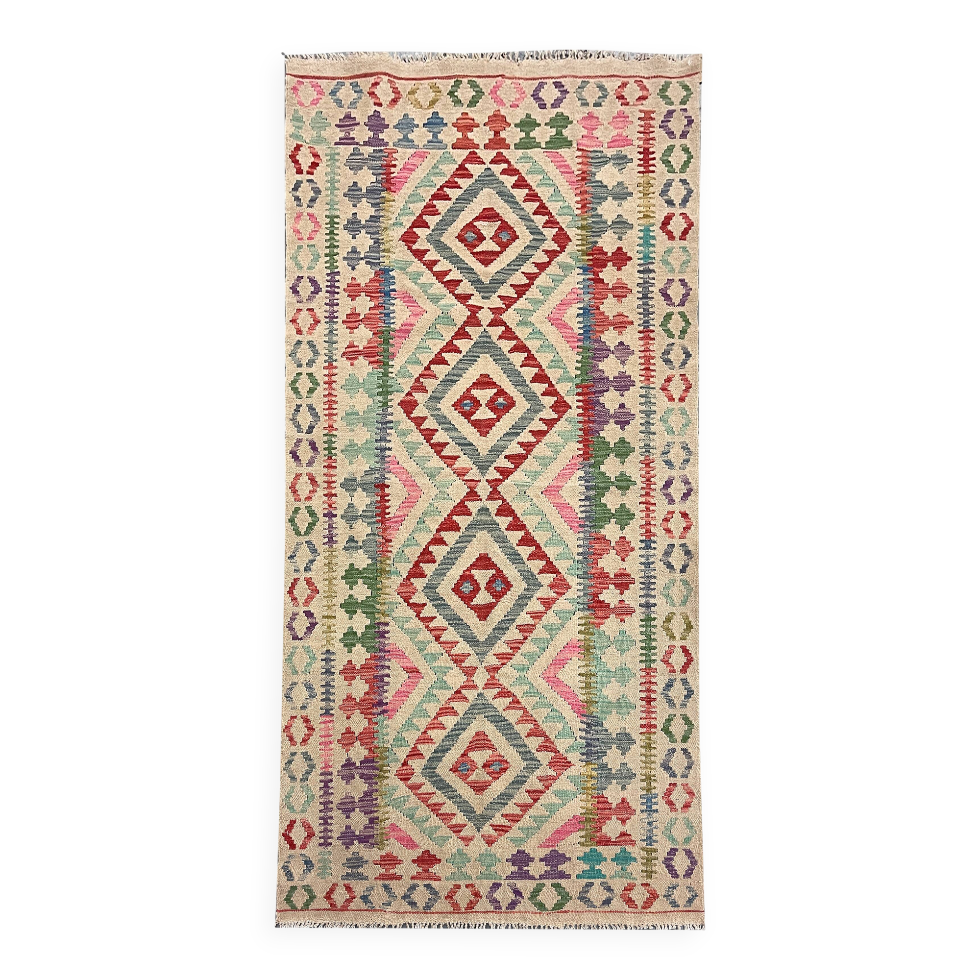 Pink Beige Geometric Kilim Runner Rug 198 x 98 cm