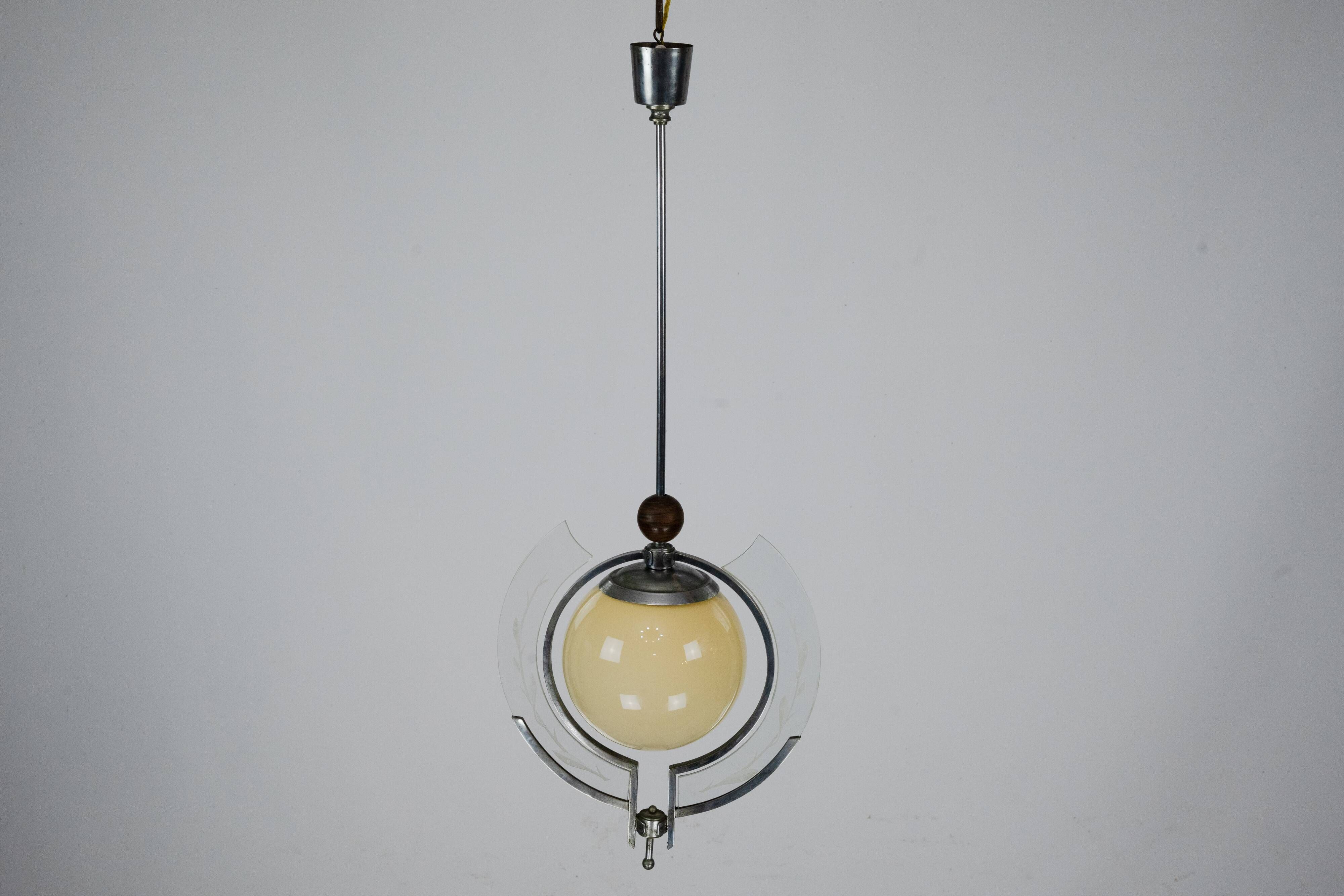 1930s Italian Art Deco Pendant Light with Etched Glass and Amber Globe