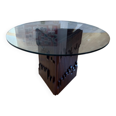Table à manger ronde en bois et verre par Luciano Frigerio