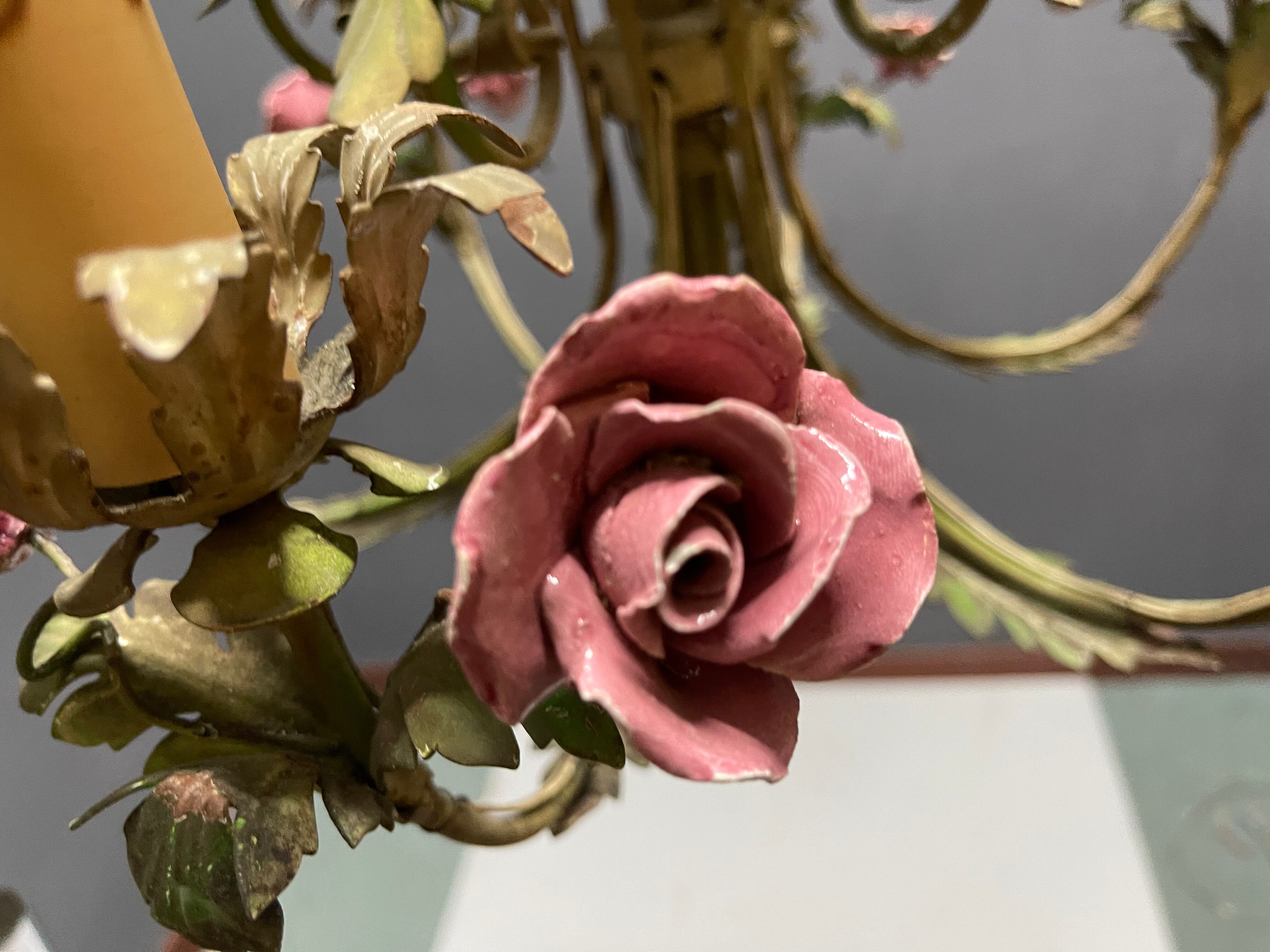 Italian Florentine Tole and Ceramic Flower Chandelier, 1950s