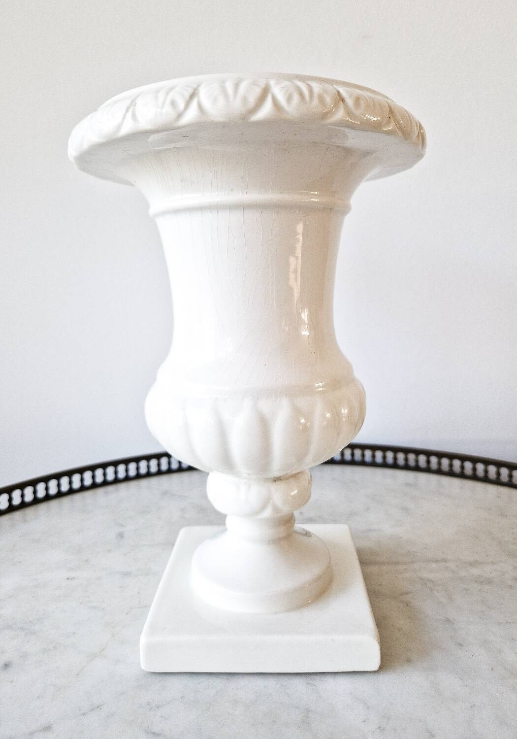 Large vintage white earthenware Medici vase