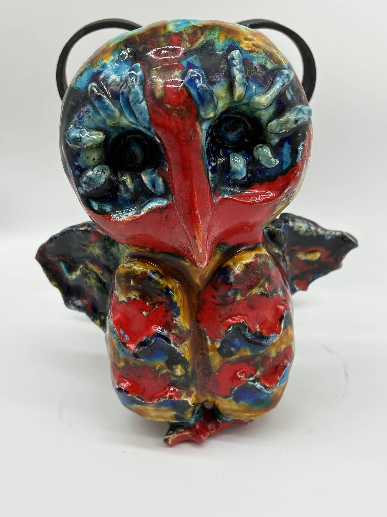 Owl Sculpture in Glazed Ceramic Dated 1991 on Wrought Iron Base