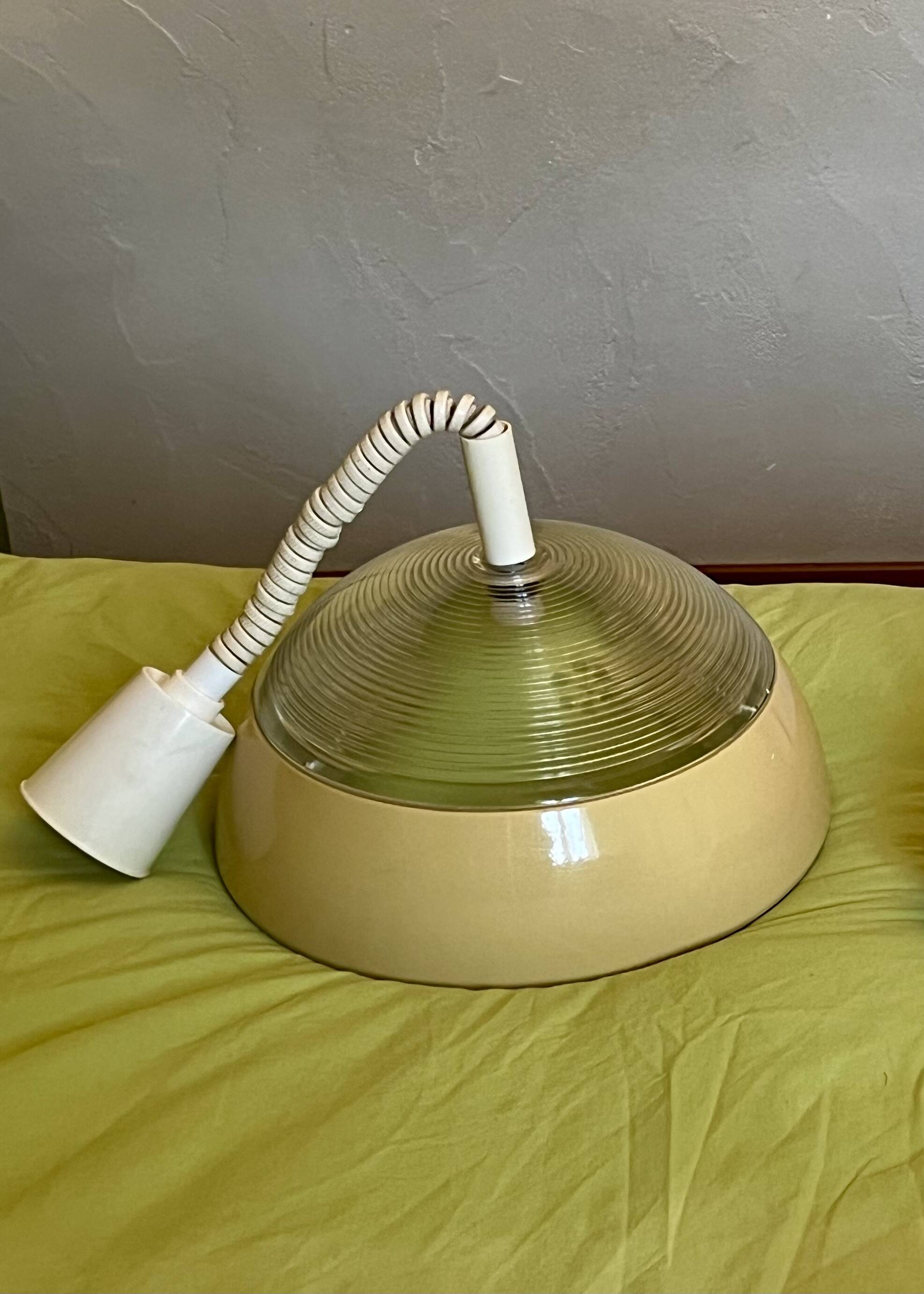 Space-age pendant light in holophane glass and lacquered metal from the 70s.