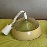 Space-age pendant light in holophane glass and lacquered metal from the 70s.