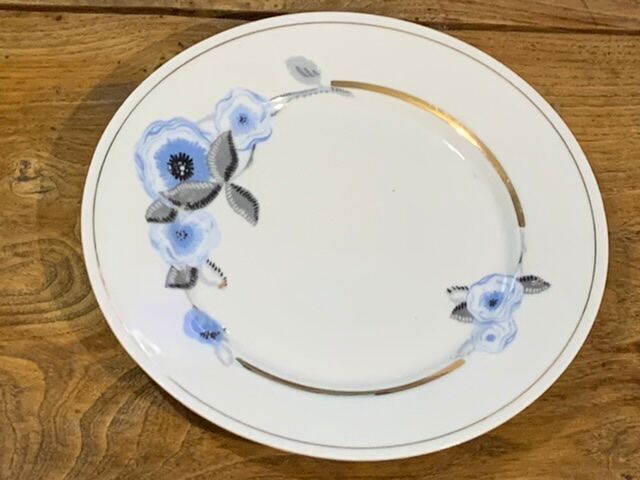 9 white porcelain plates of art deco blue flower limoges