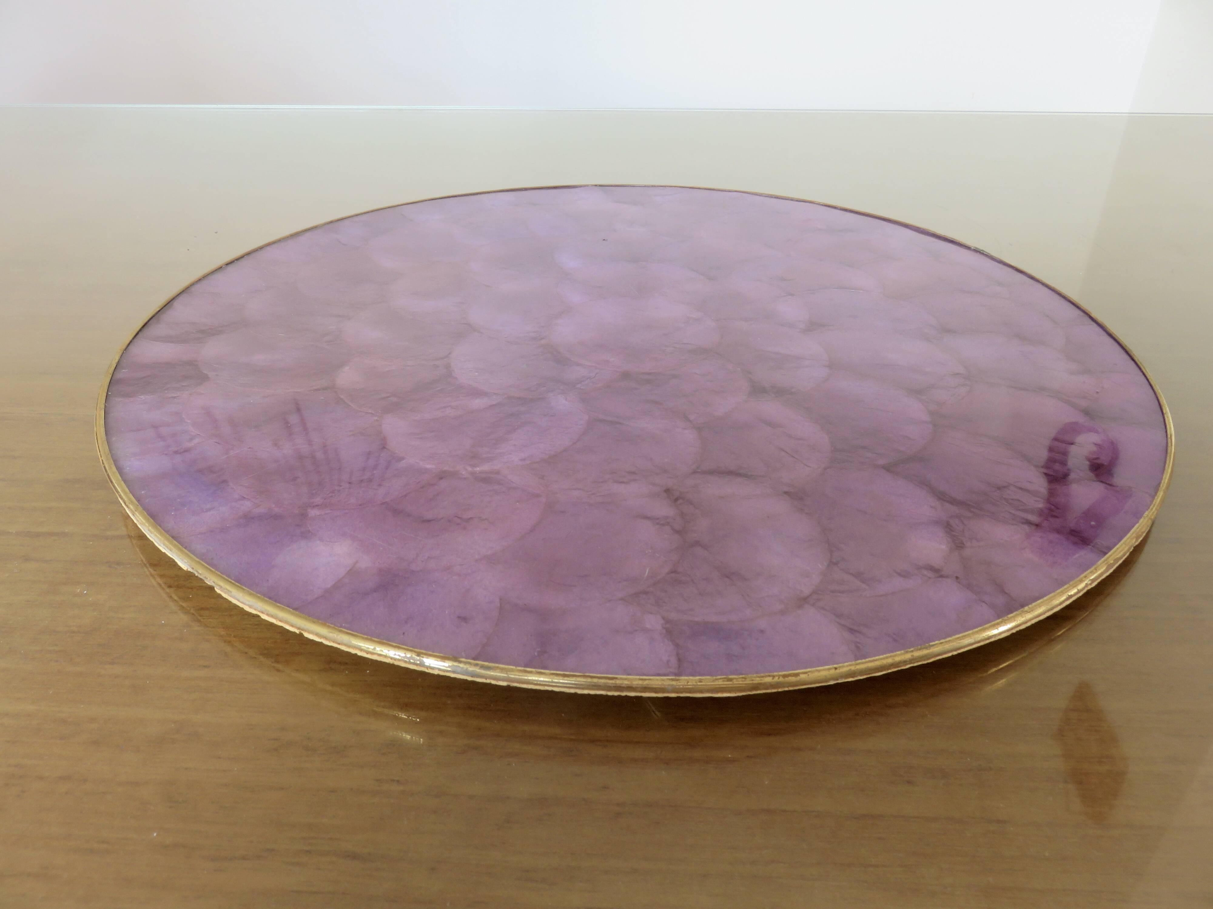 Purple mother-of-pearl trivet, Capiz from the Philippines, brass rim 1970.