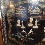Chinese screen laqué wood and stone marquetry