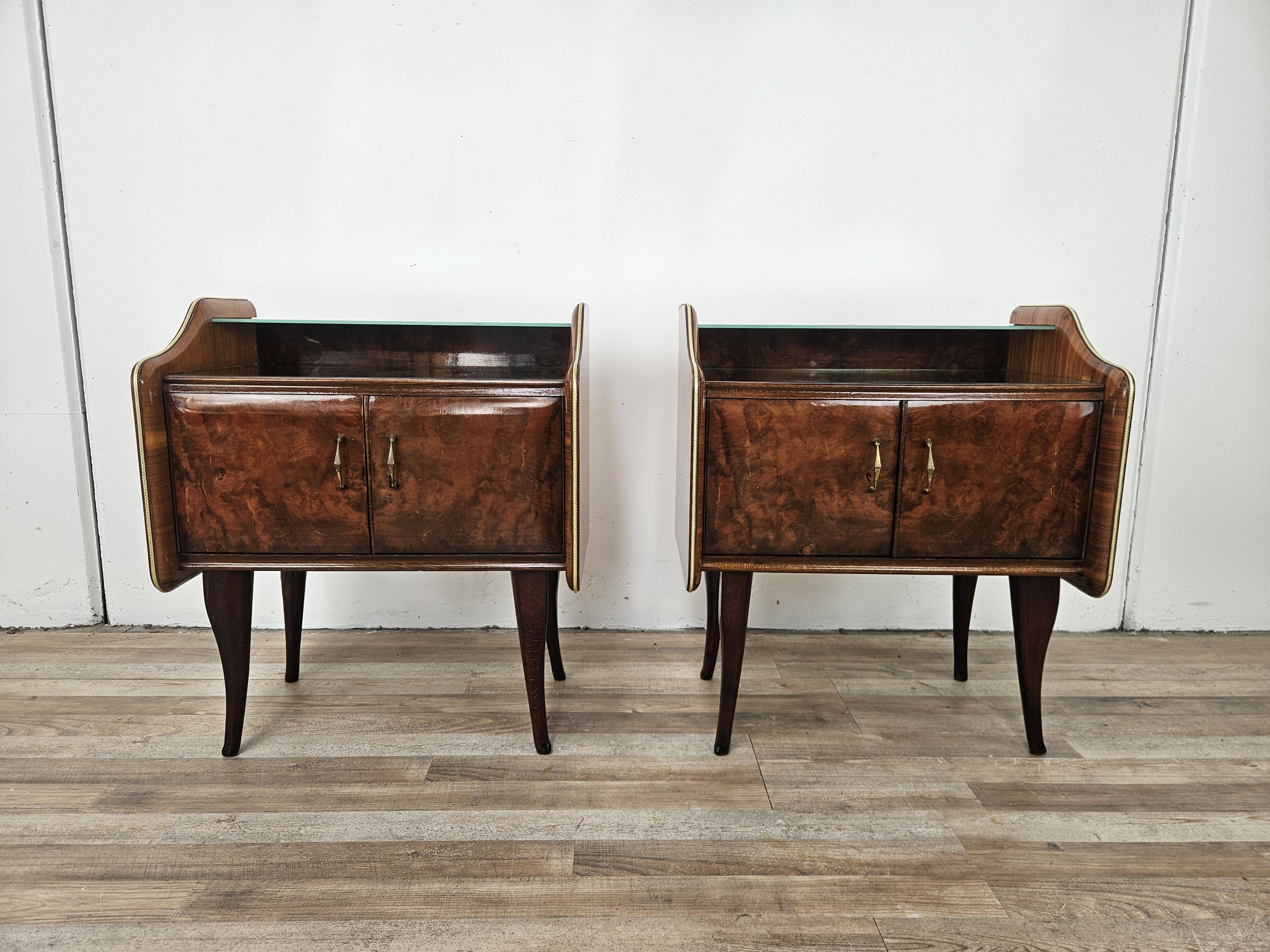 Walnut burl bedside tables with double glass top