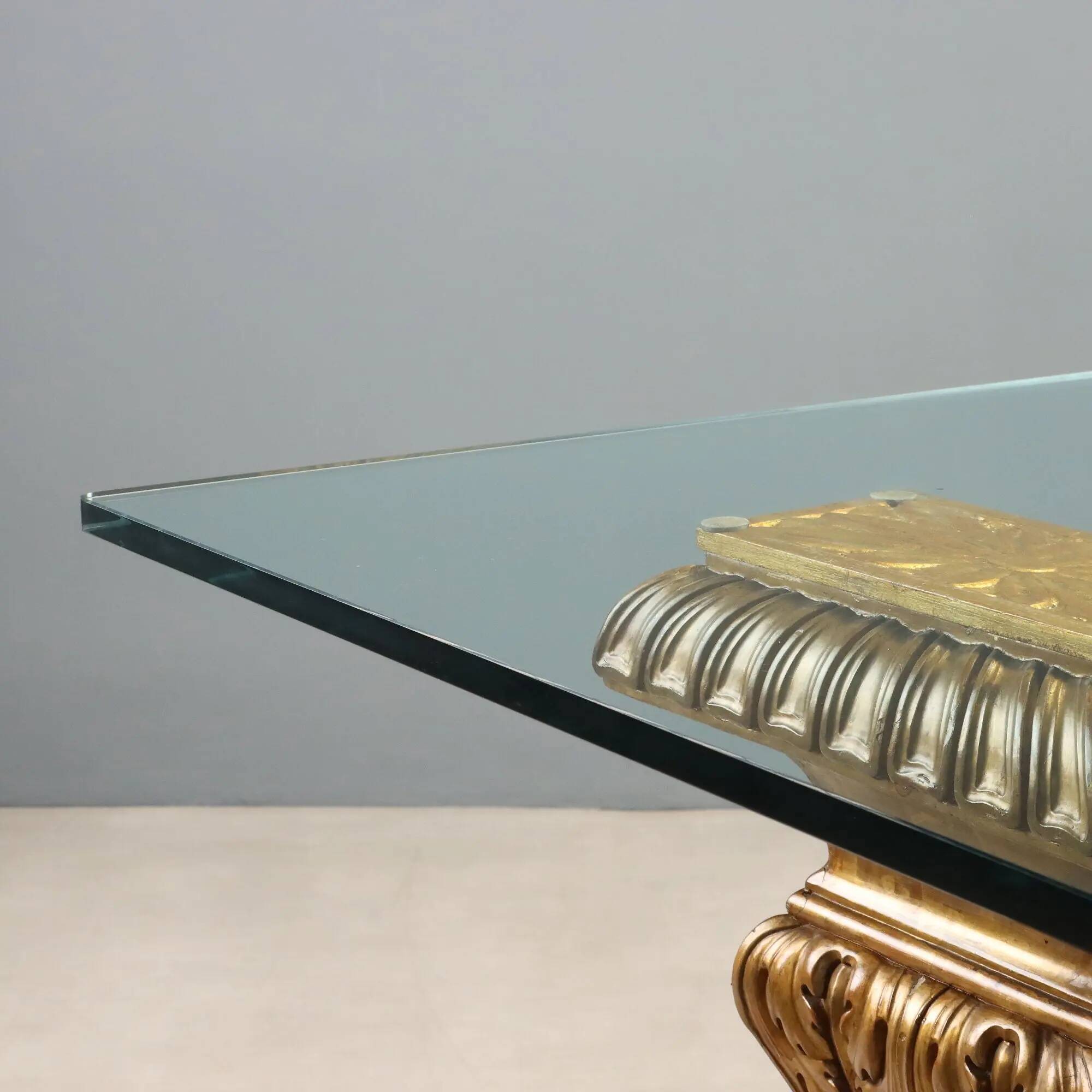 Antique coffee table in gilded wood with a glass top, Italy, 20th century.