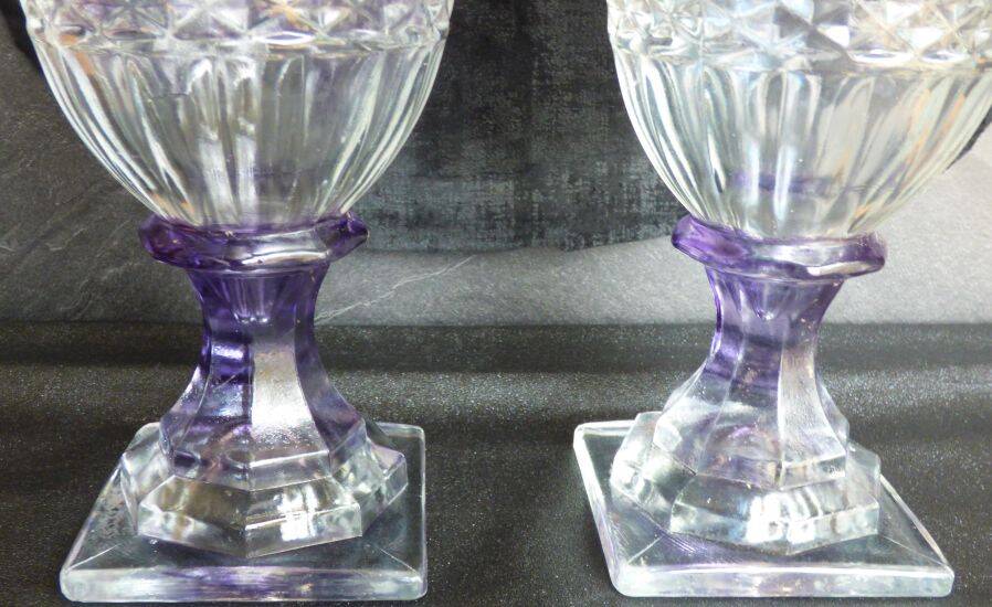 2 antique glass bonbonnières in the shape of pine cones.
