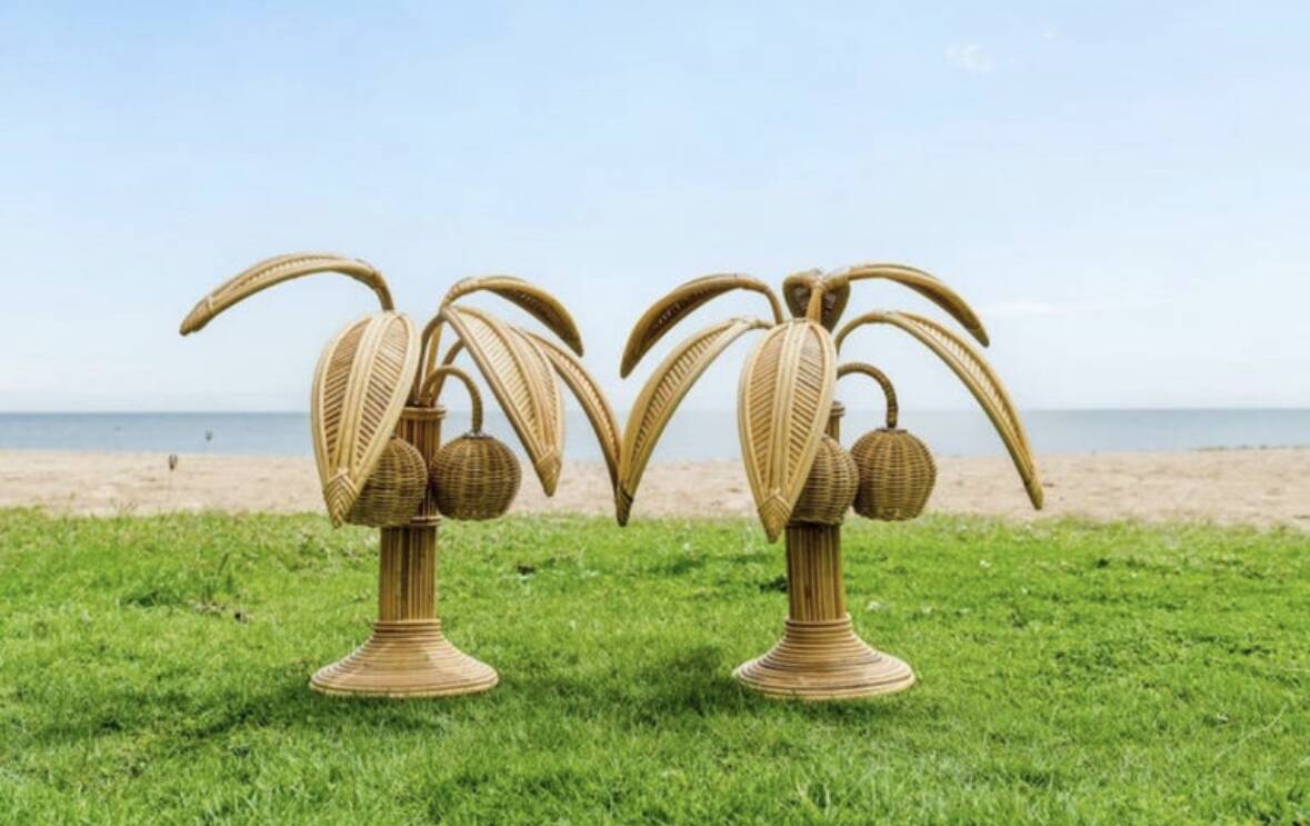 Pair of rattan "palm" lamps