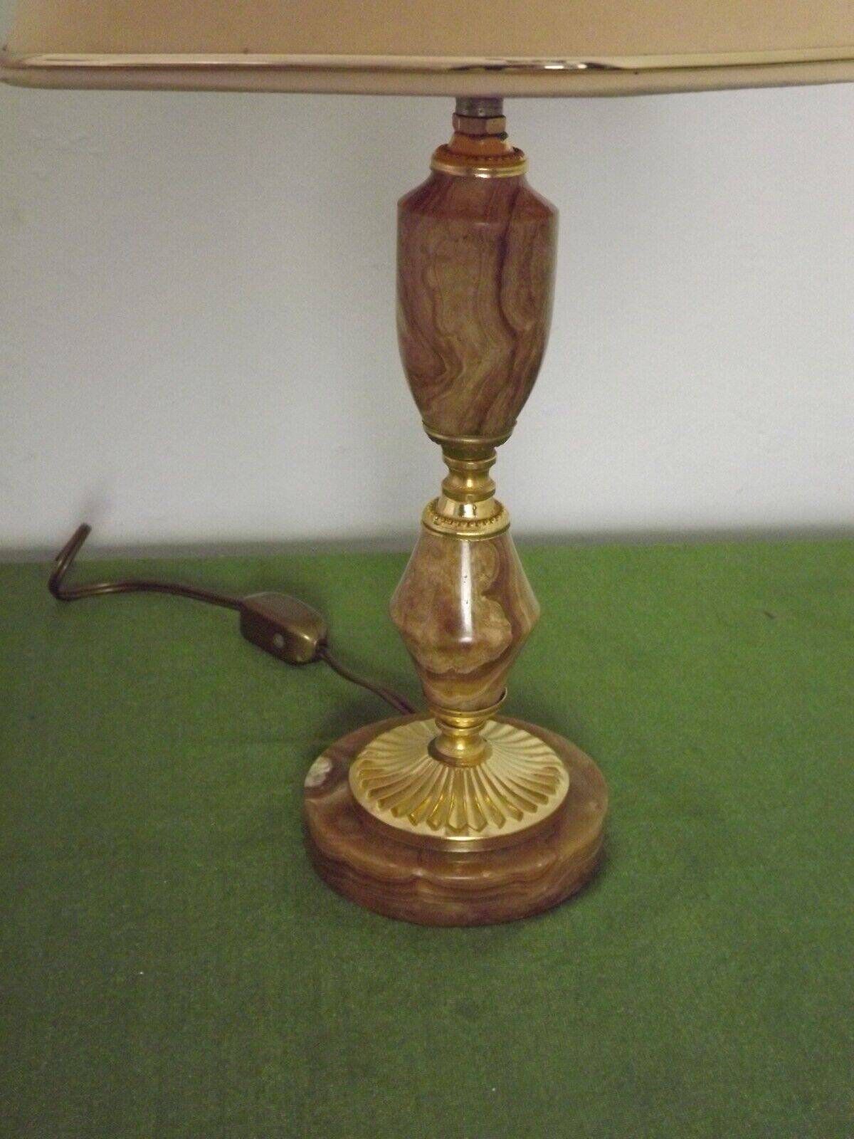 French vintage round brown marble table lamp gold detail beige fabric shade 4059