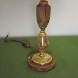 French vintage round brown marble table lamp gold detail beige fabric shade 4059