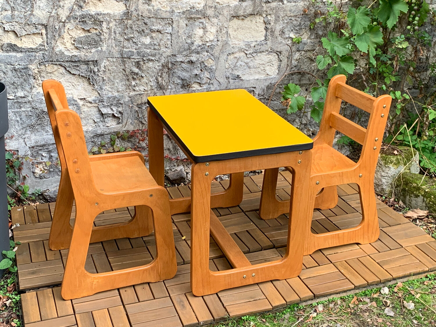 Children's wooden and formica desk and sled chairs 1970