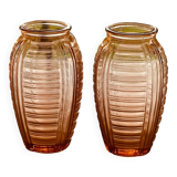 Pair of Vintage Amber Glass Vases - 70s Retro Elegance