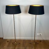 Pair of parquet floor lamps in faux-bamboo style in bronze and brass by Jacques Adnet.