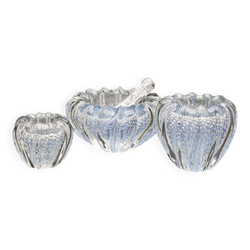Set of 3 Blue Ercole Barovier "Bullicante" Murano Glass Vase for Barovier &