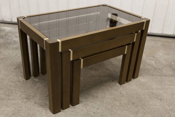 Lot de 3 tables gigogne orme et verre fumé 1970