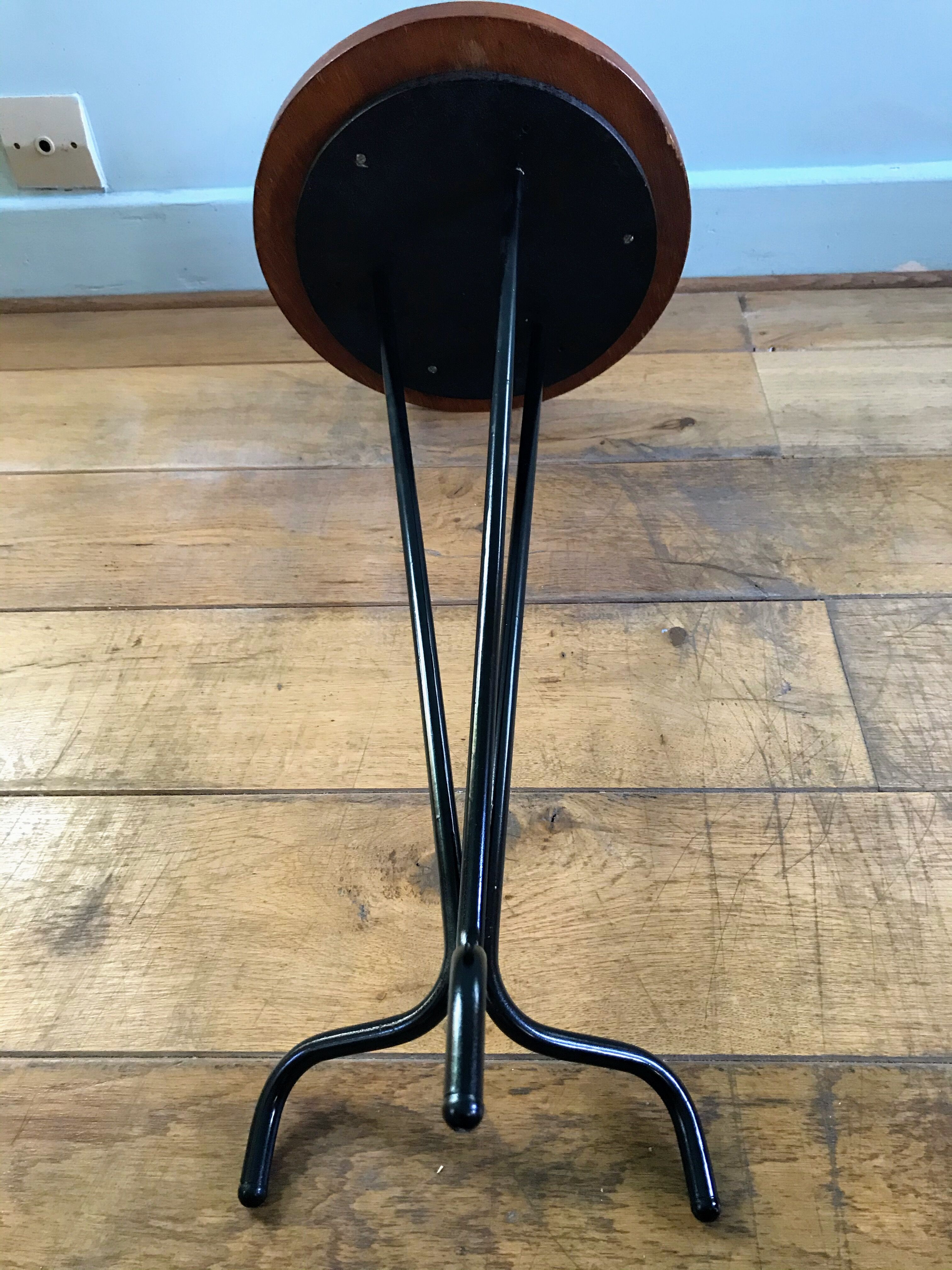Vintage tripod harness round wooden top on black lacquered metal stand