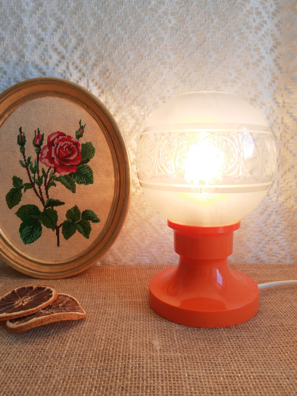 Retro orange table lamp and 70s glass globe