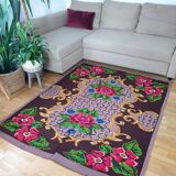 Boho chic Romanian carpet made by hand in wool, floral boho, lavender background with pink flowers 146x186cm