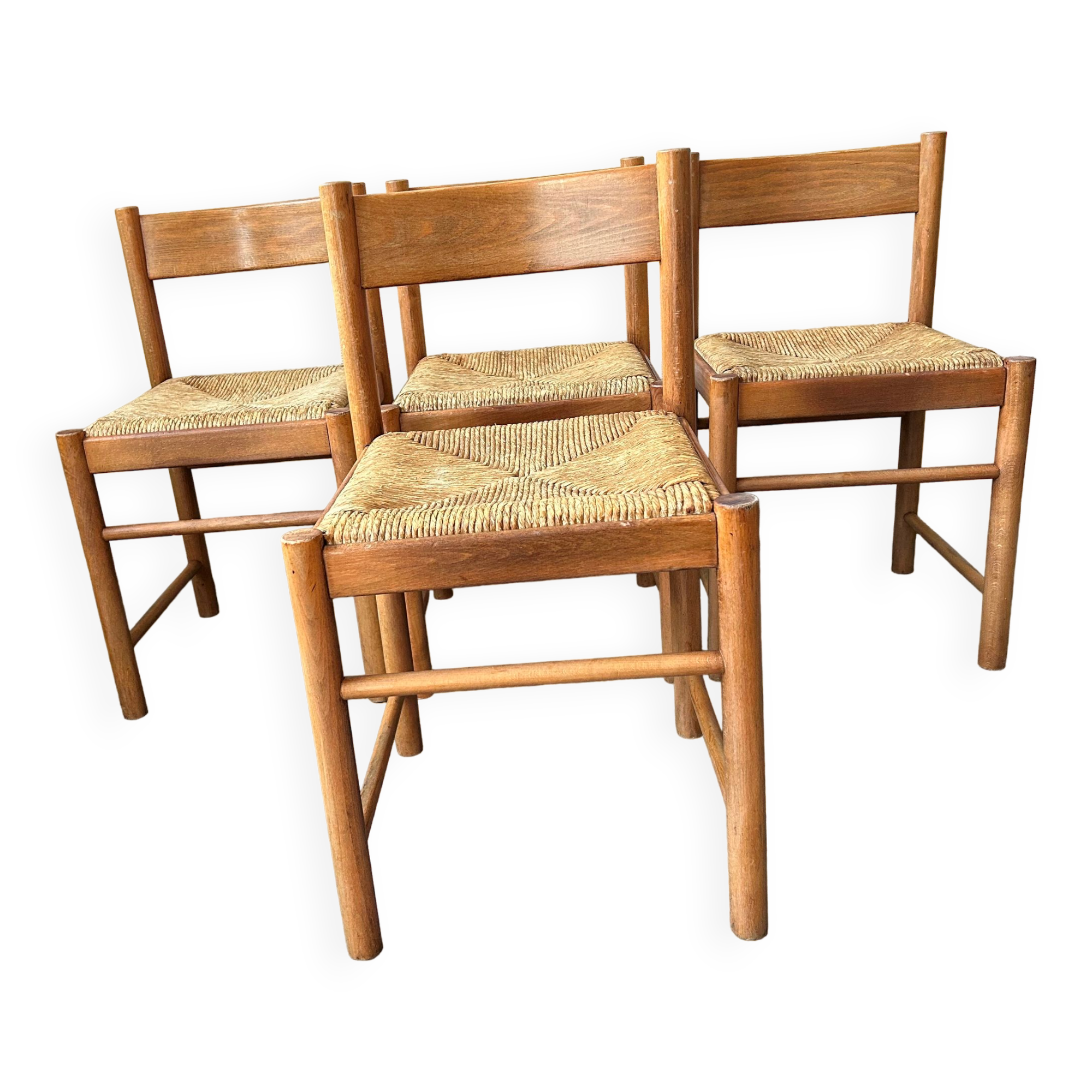 4 charlotte perriand style wood and straw chairs