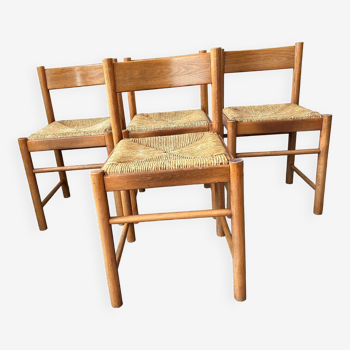 4 chaises bois et paille style charlotte perriand