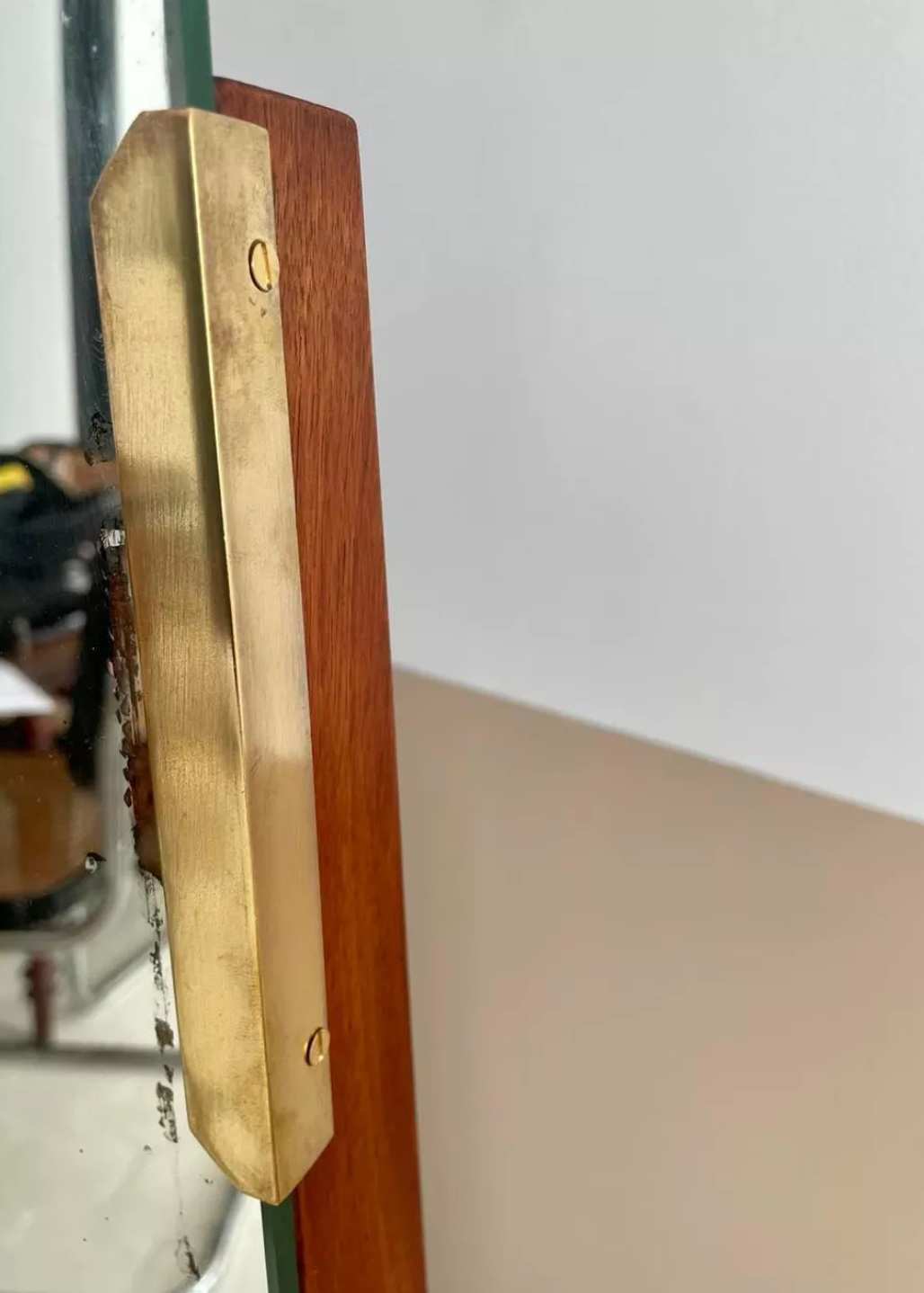 Vintage psyche art-deco mirror, oak and brass, France 1930