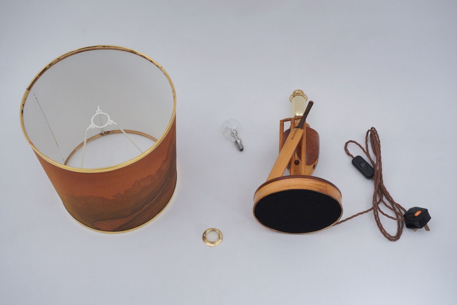 Marquetry wood inlaid table lamp, sport cricket theme, 1950`s ca, English, Rewired