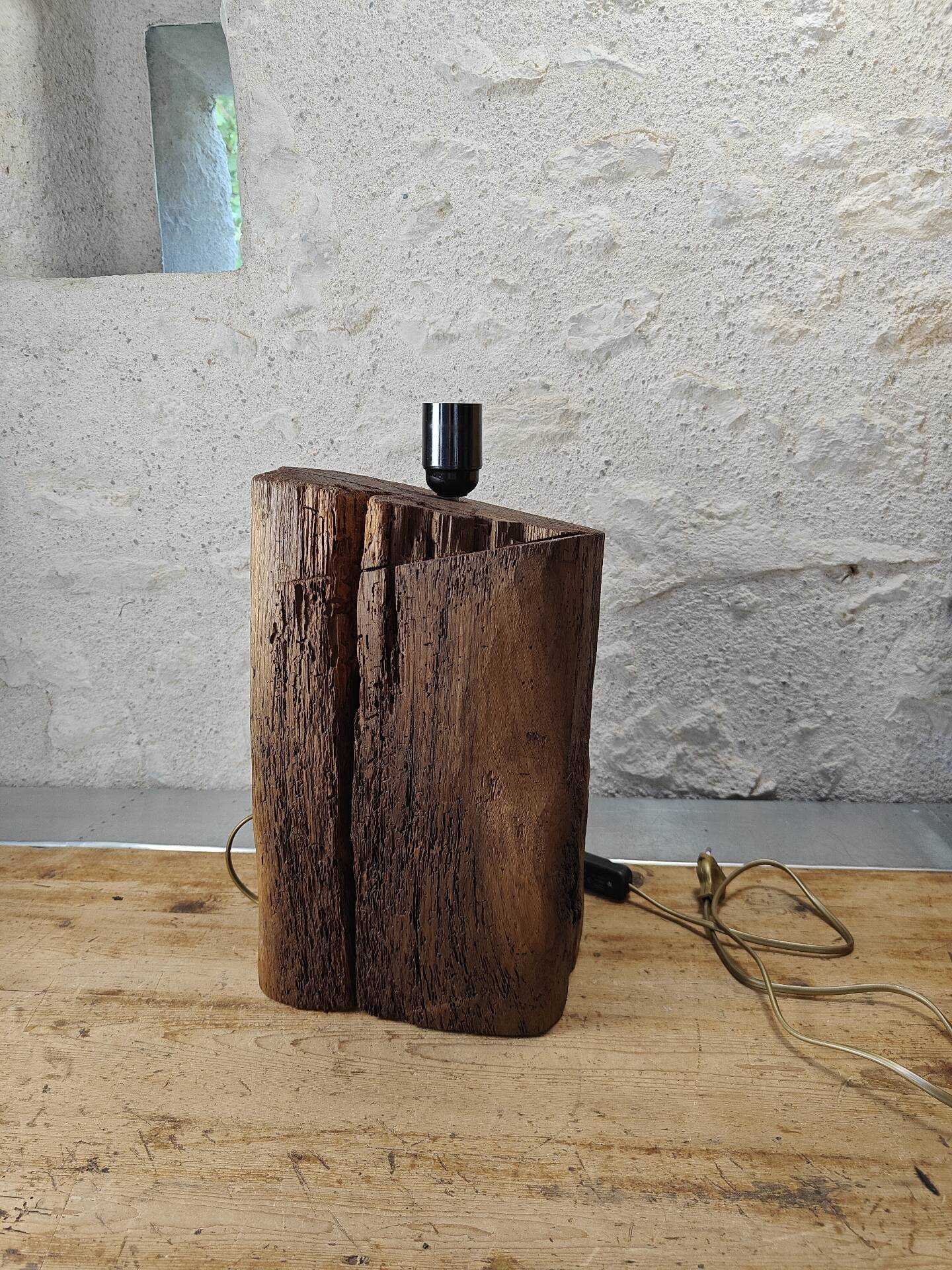 Brutalist table lamp in solid oak