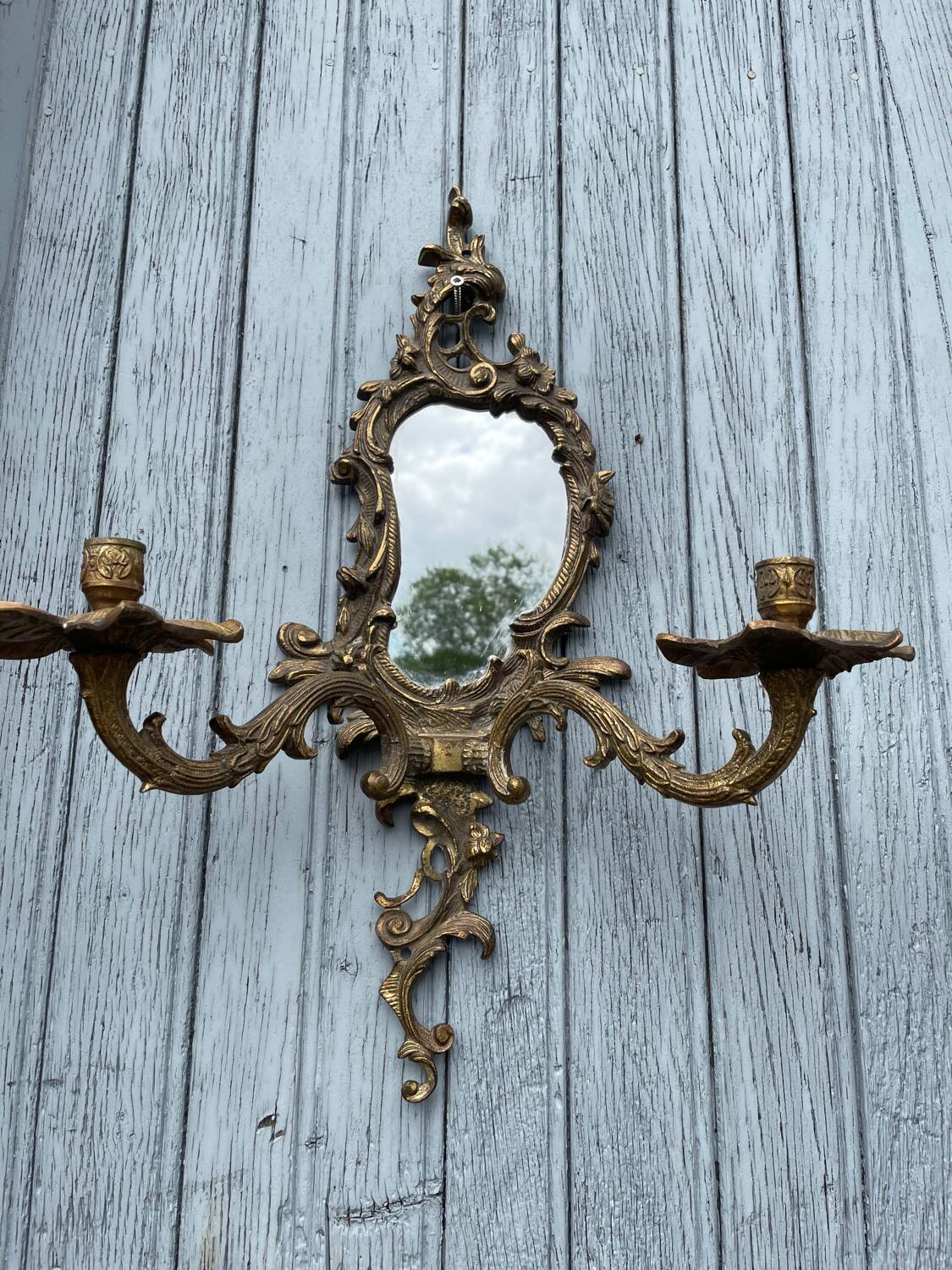 Pair of vintage bronze wall sconces with mirror and 2 candles