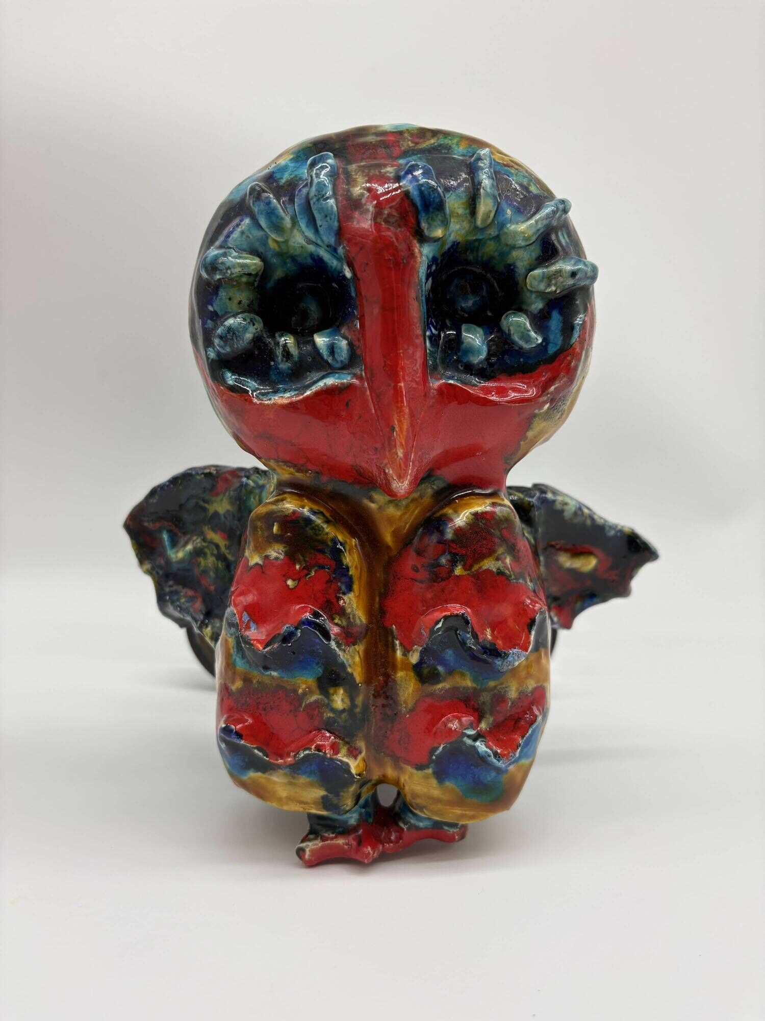 Owl Sculpture in Glazed Ceramic Dated 1991 on Wrought Iron Base
