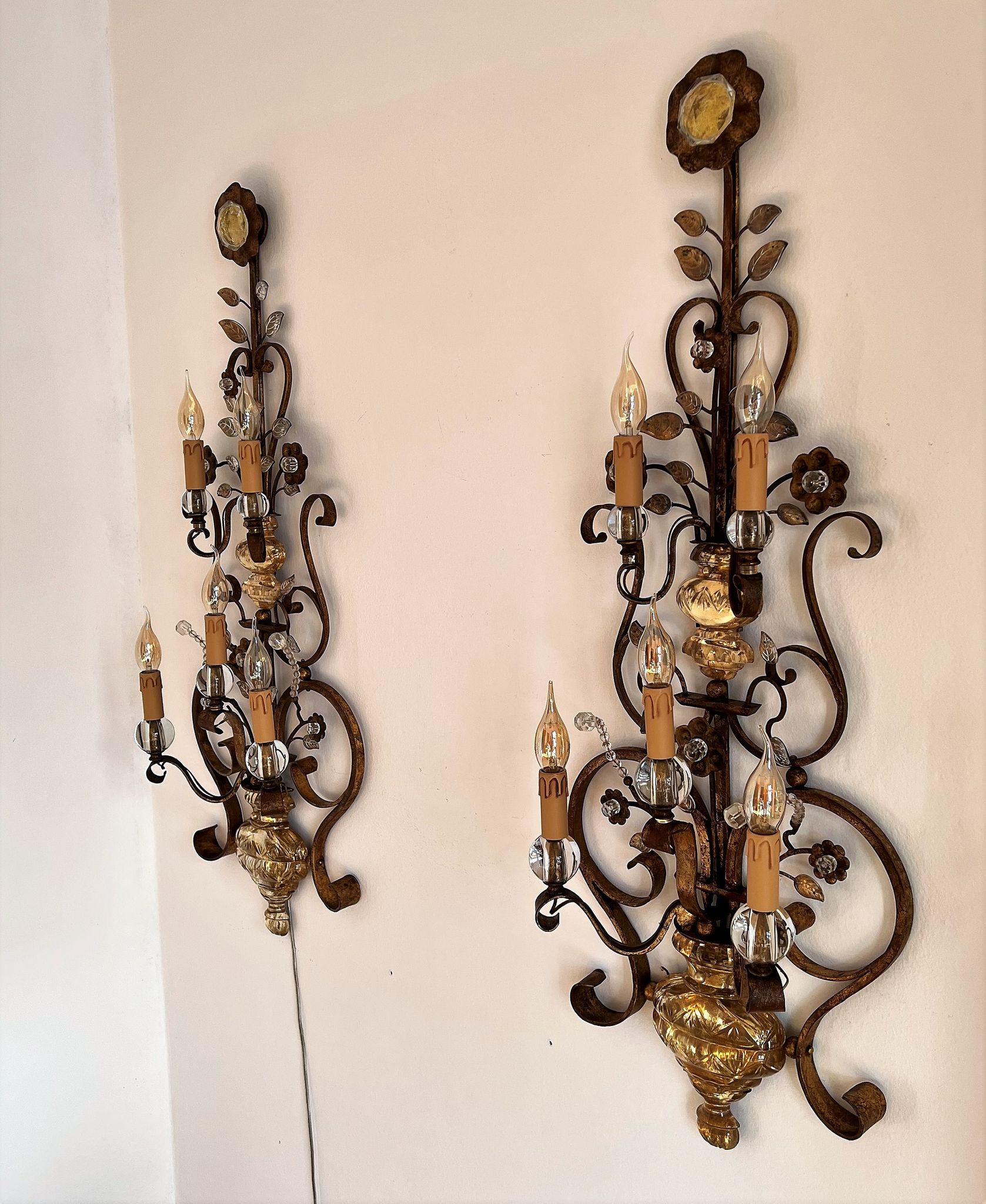 Appliques murales italiennes en cristal et fer forgé doré par Banci Florence, années 1960