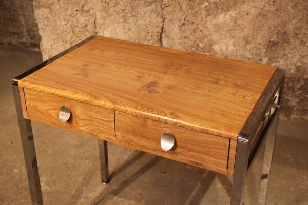 Petit Bureau 70 piétement Chrome stratifié bois 2 tiroirs coiffeuse
