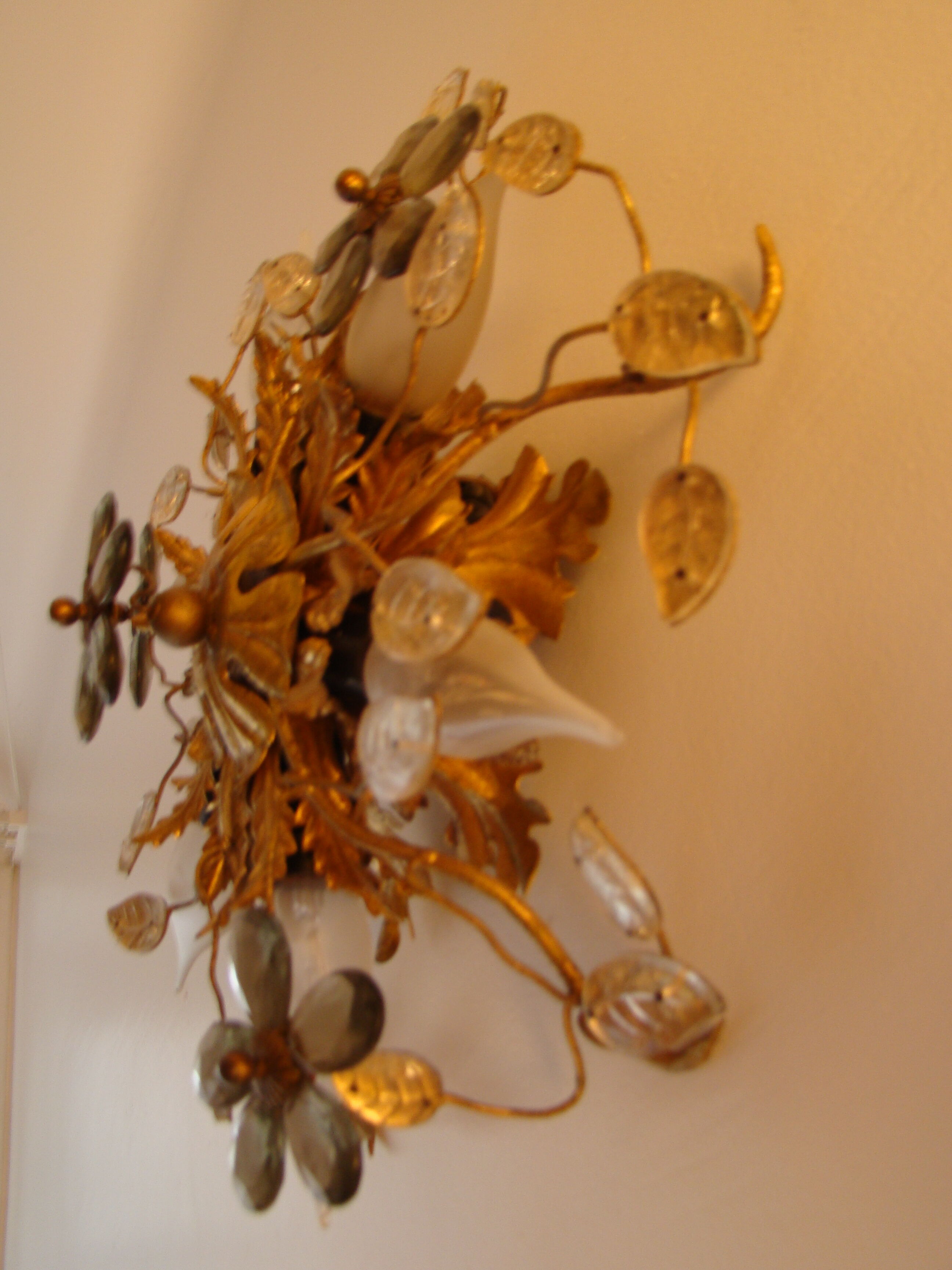 Vintage wall lamp or ceiling lamp in golden metal, glass flowers
