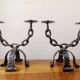 Pair of wrought iron chain candlesticks, Spain