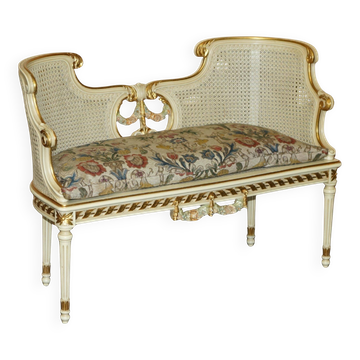 Banc de fenêtre Bergère Louis ancien brodé en feuille d'or et d'argent