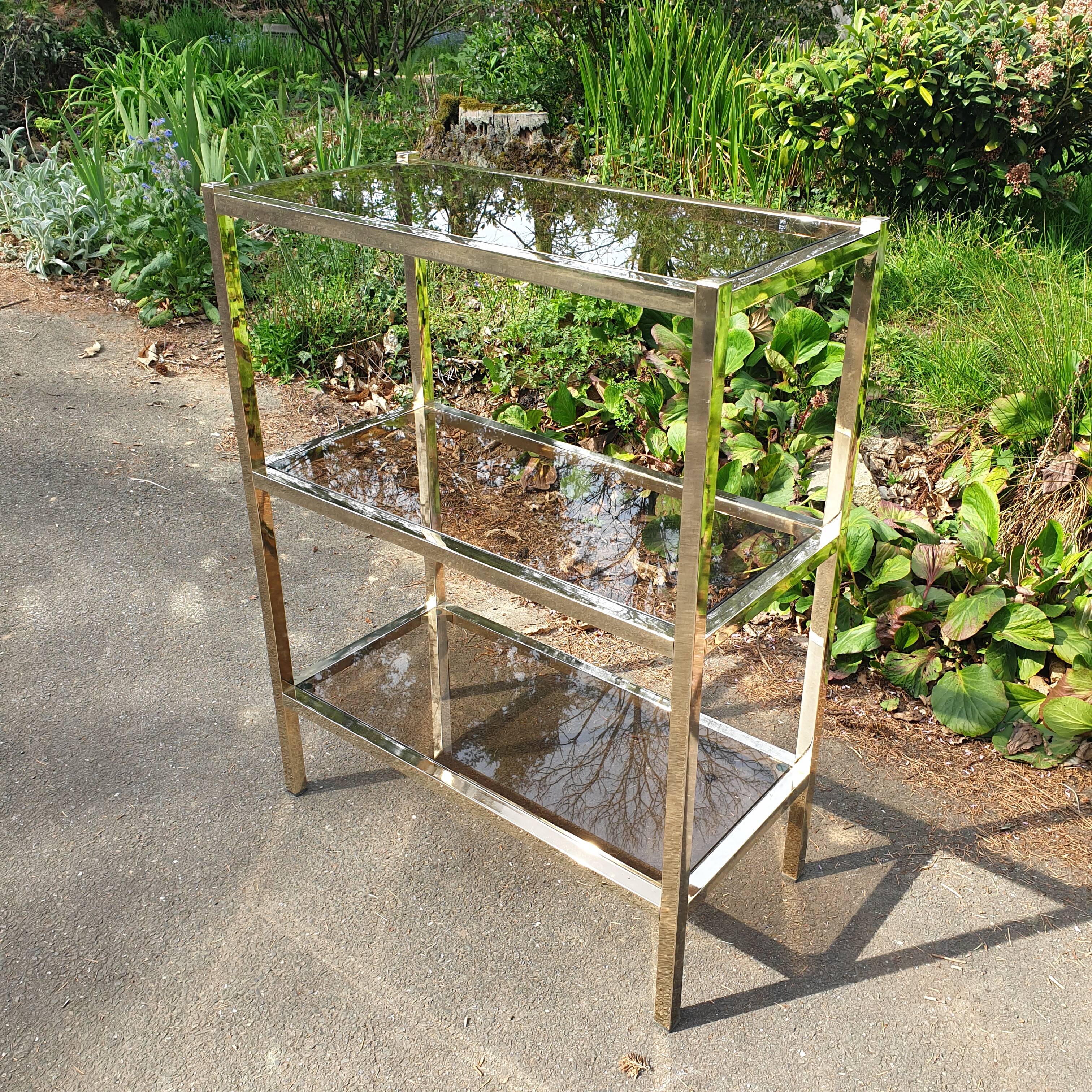 Bookcase furniture gilded and smoked glass vintage 70s Rochebobois