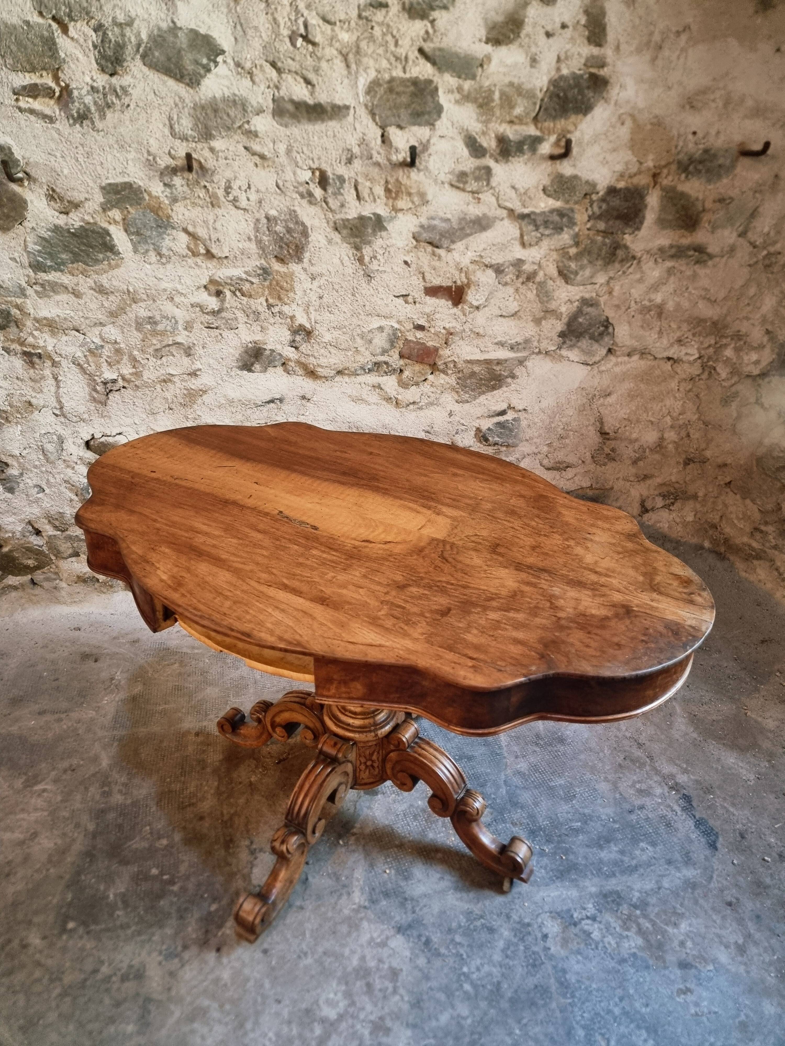 French antique walnut violin table, centre table with drawer, circa 1880–1900.