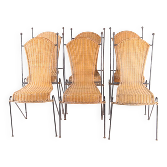 Set de 6 chaises en fer et osier