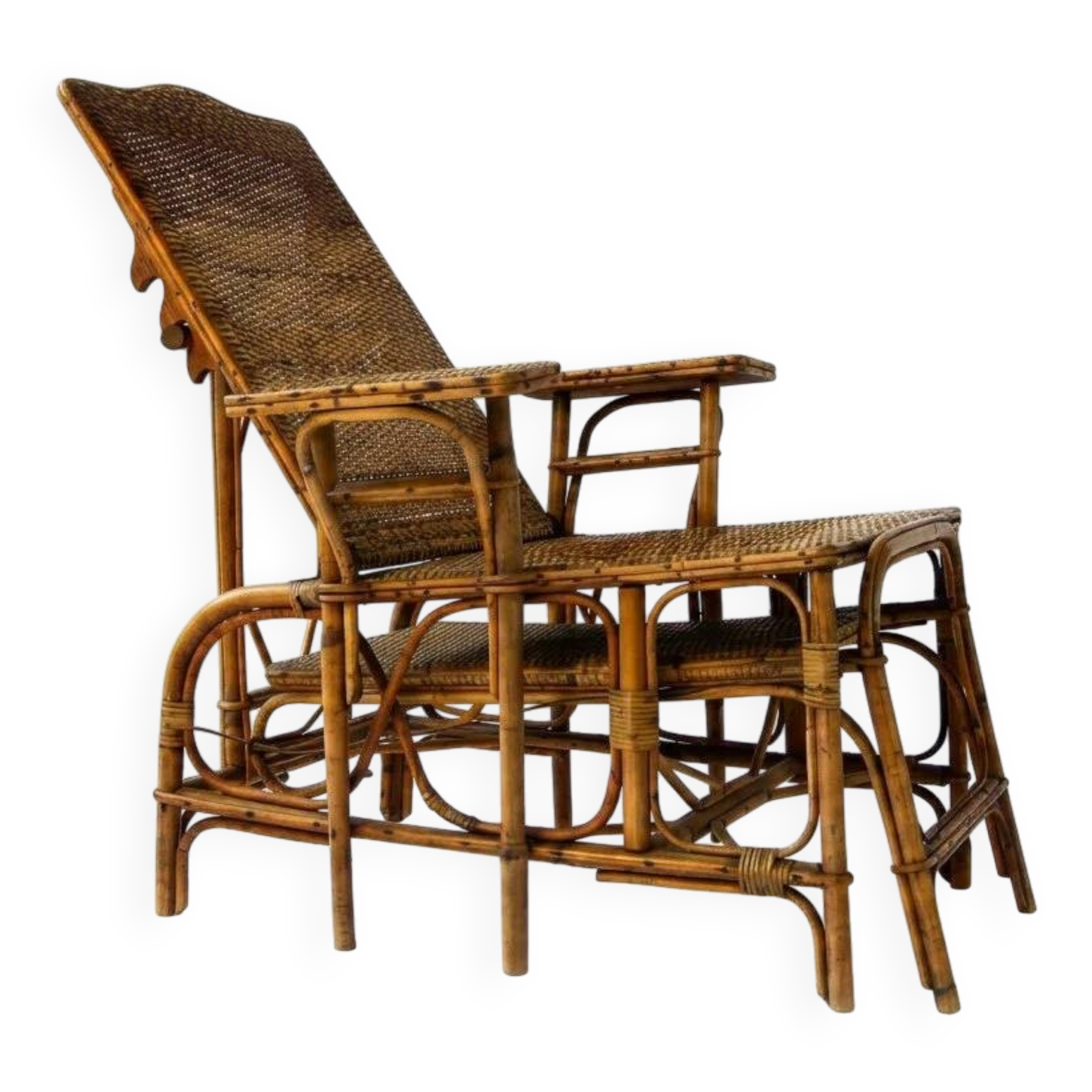 Vintage reclining armchair in rattan and bamboo, French Riviera, year