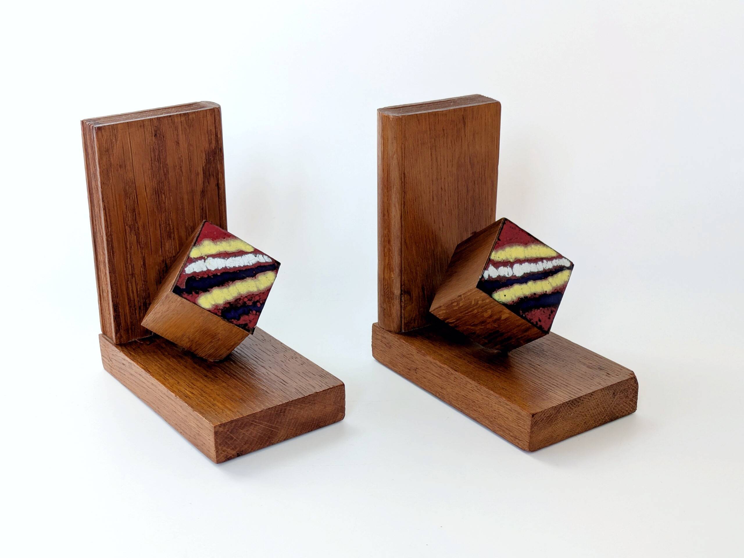 Mid-Century pair of wooden and enamel bookends, 1960s
