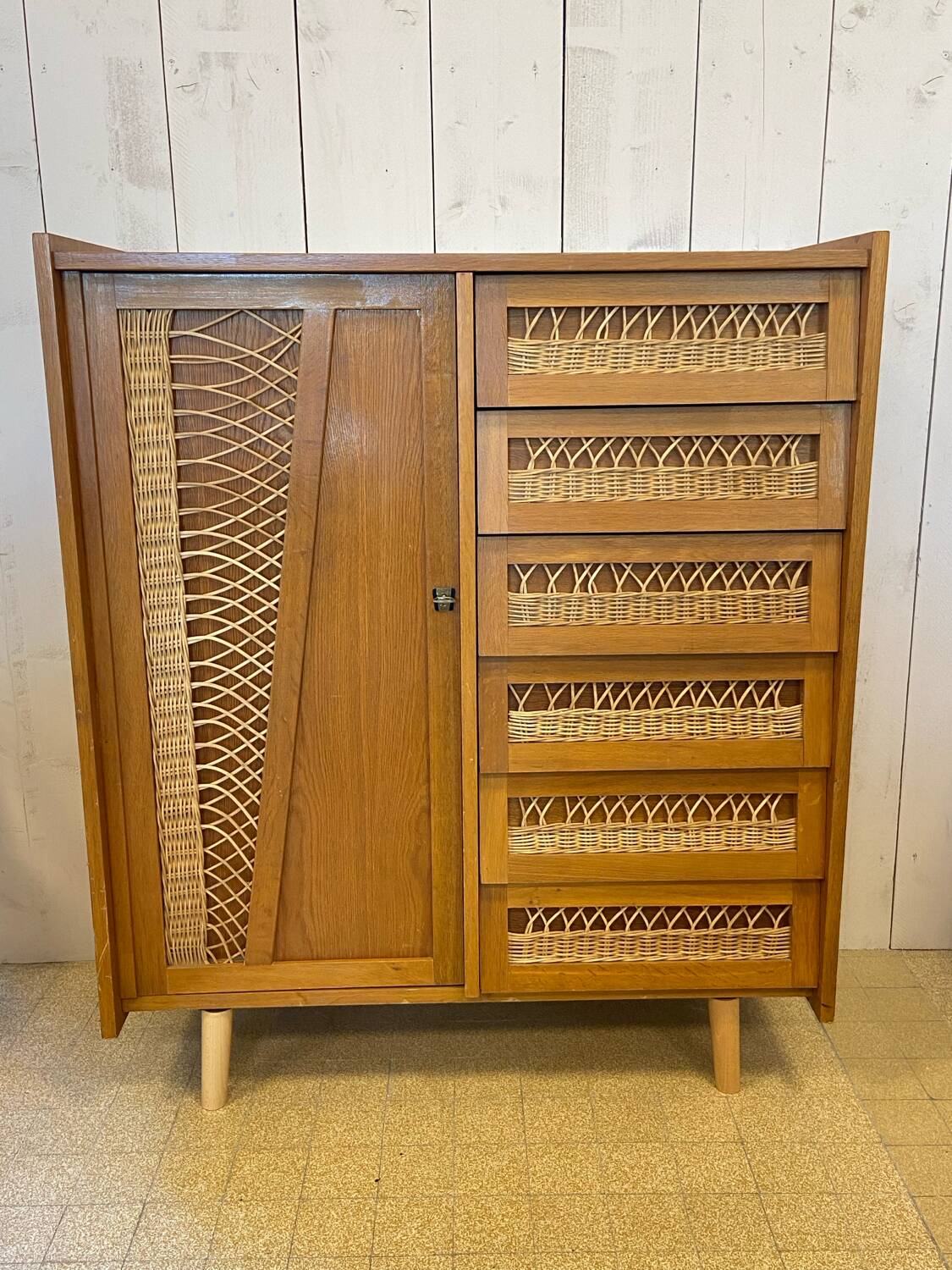 Wood and rattan chest of drawers and wardrobe