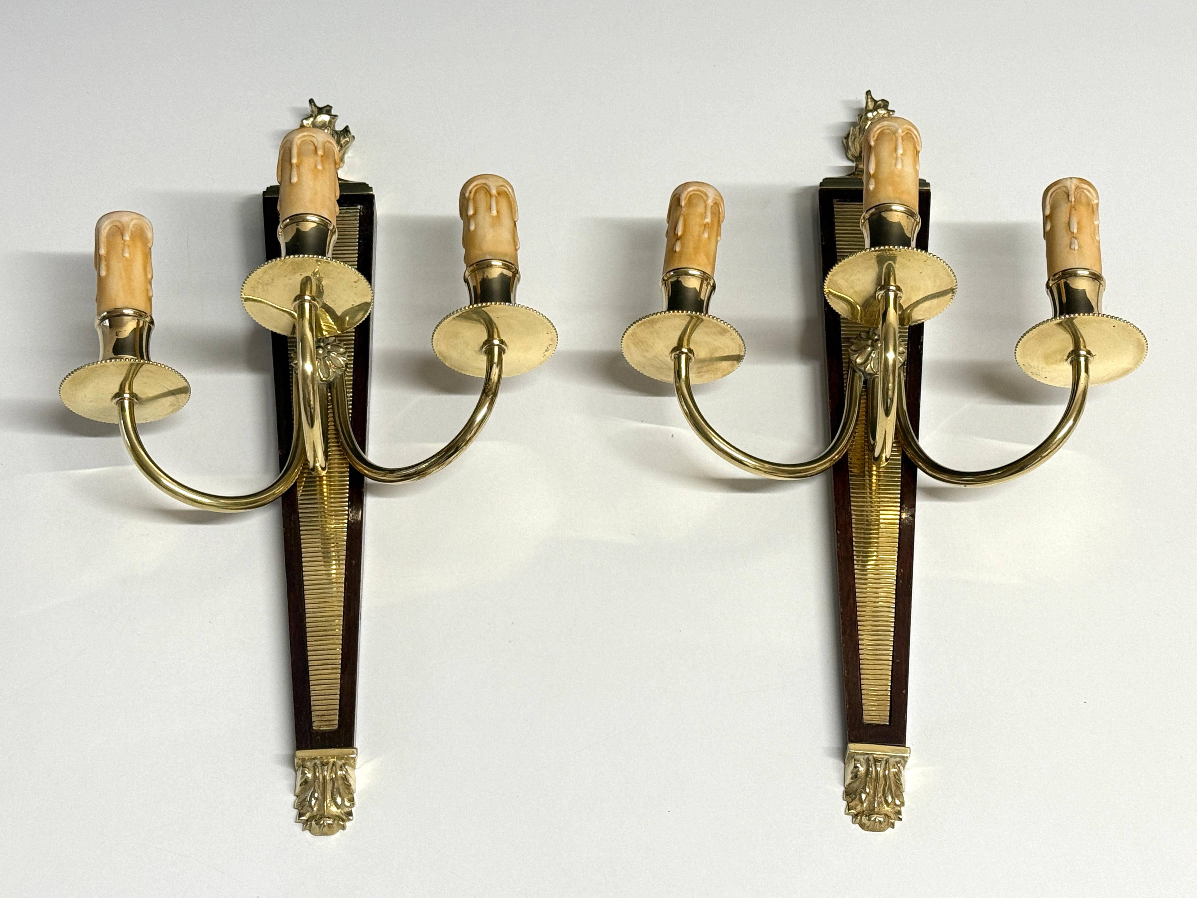 Antique Pair of 3-Light Wall Lights - Gilt Bronze and Mahogany - Neoclassical - 40's