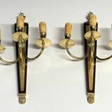 Ancien Paire Appliques 3 Feux - Bronze Doré et Acajou - Néoclassique - 40's