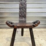 Brutalist rustic tripod chair in carved wood