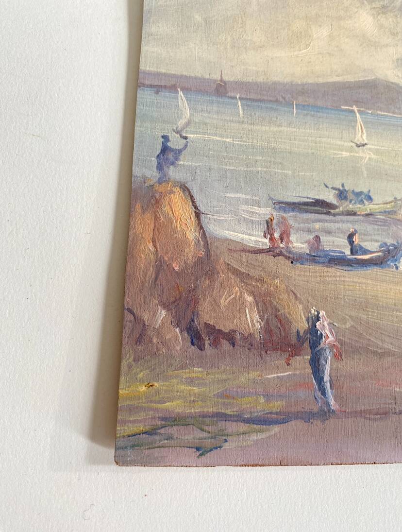 Oil painting "view of Etna" from the 60s, glass frame