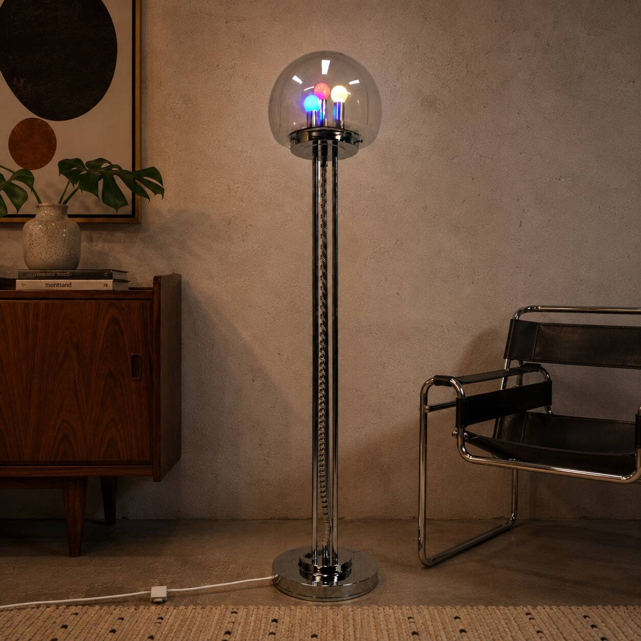Vintage Italian Space Age floor lamp chrome and glass (70s)